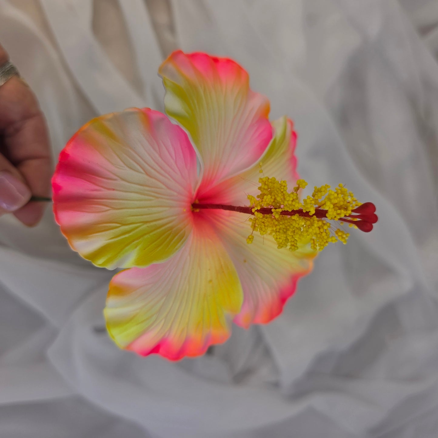 Neon Pink/Yellow Hibiscus Shimmery 11.5 cm Flowerhead