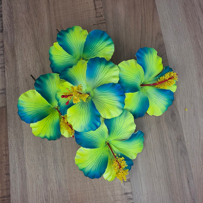 Neon Yellow /Teal Hibiscus 11.5 cm Flowerhead