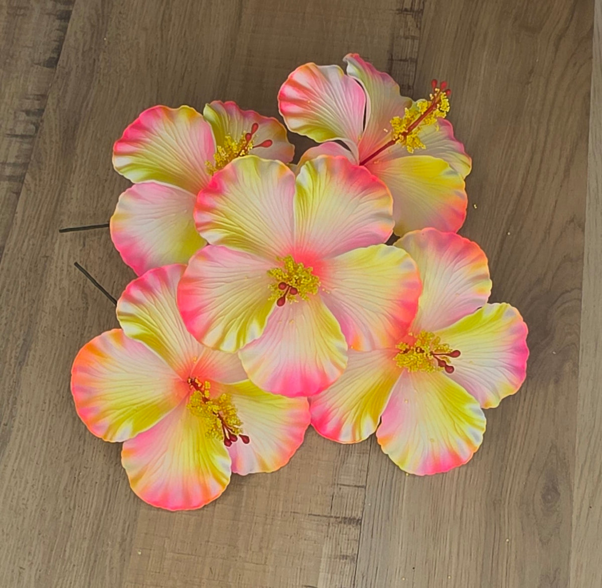 Neon Pink/Yellow Hibiscus Shimmery 11.5 cm Flowerhead