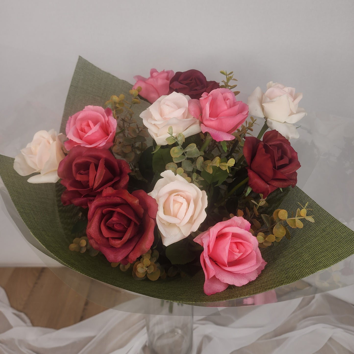 Dozen Mixed Open Rose Bouquet -Real Touch Blooms