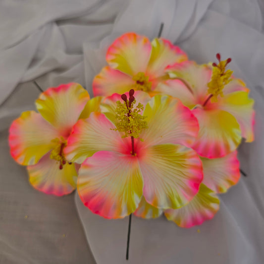 Neon Pink/Yellow Hibiscus Shimmery 11.5 cm Flowerhead