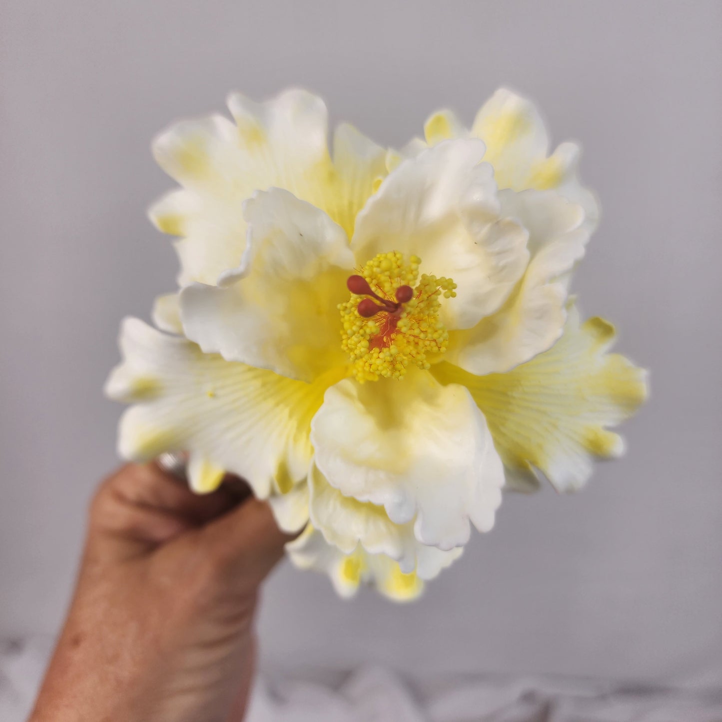 White /Yellow Double Hibiscus 11cm- Realistic artificial Flowers