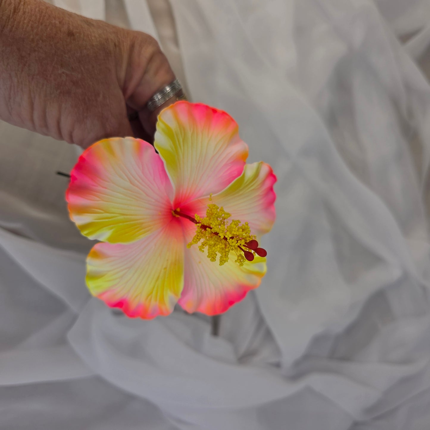 Neon Pink/Yellow Hibiscus Shimmery 11.5 cm Flowerhead