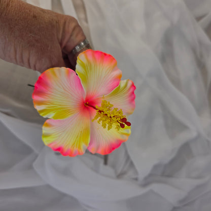Neon Pink/Yellow Hibiscus Shimmery 11.5 cm Flowerhead