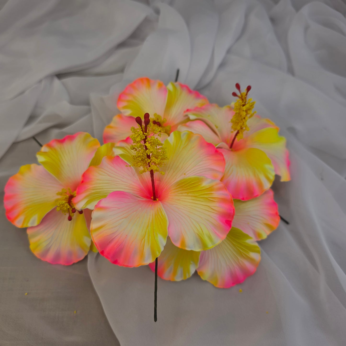 Neon Pink/Yellow Hibiscus Shimmery 11.5 cm Flowerhead