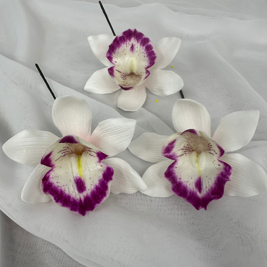 White & Purple Cymbidium Orchid Single Stem 7cm – Realistic Artificial Flowers